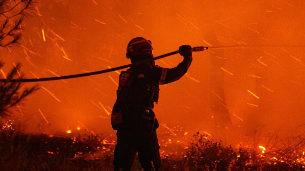 ARCHIV - Feuerwehrleute löschen die Flammen während eines Waldbrandes in Asprochori, Oropos, Attika. Foto: Giorgos Arapekos/ZUMA Press Wire/dpa