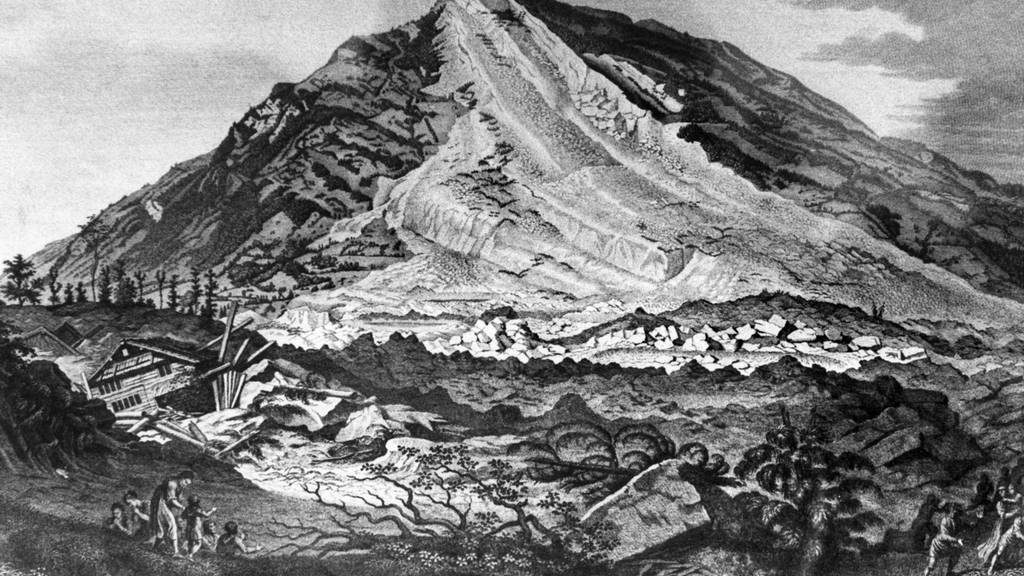 Eine zeitgenössische Darstellung zeigt den Bergsturz von Goldau 1806.