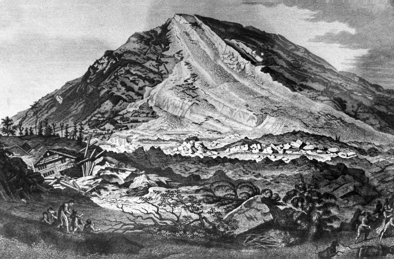 Eine zeitgenössische Darstellung zeigt den Bergsturz von Goldau 1806.