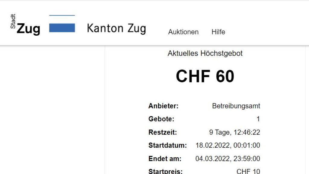 Das Betreibungsamt der Stadt Zug geht unter die Online-Versteigerer und bietet auf einer neuen Plattform gepfändete Ware zum Kauf an. (Screenshot)