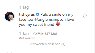Miley Cyrus' Mama Tish schreibt, sie liebe ihre «süsse Freundin» Angie Simpson. 