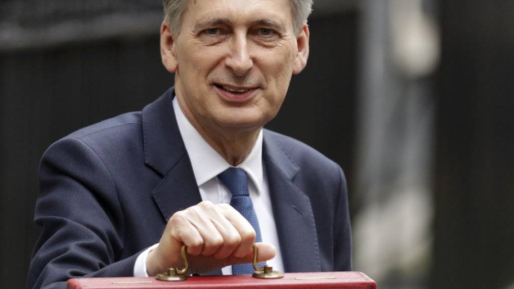 Schatzkanzler Philip Hammond posiert am Mittwoch auf dem Weg zum Parlament mit der traditionellen roten Budget-Box.
