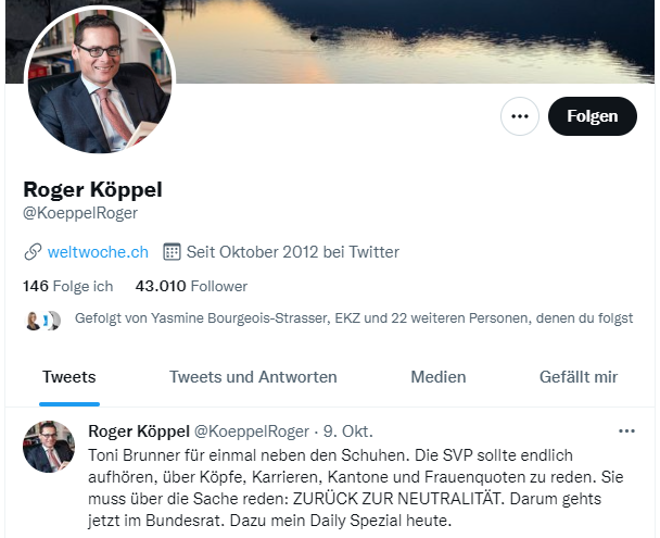 Seit dem 9. Oktober ist Funkstille auf Roger Köppels Twitter-Account.