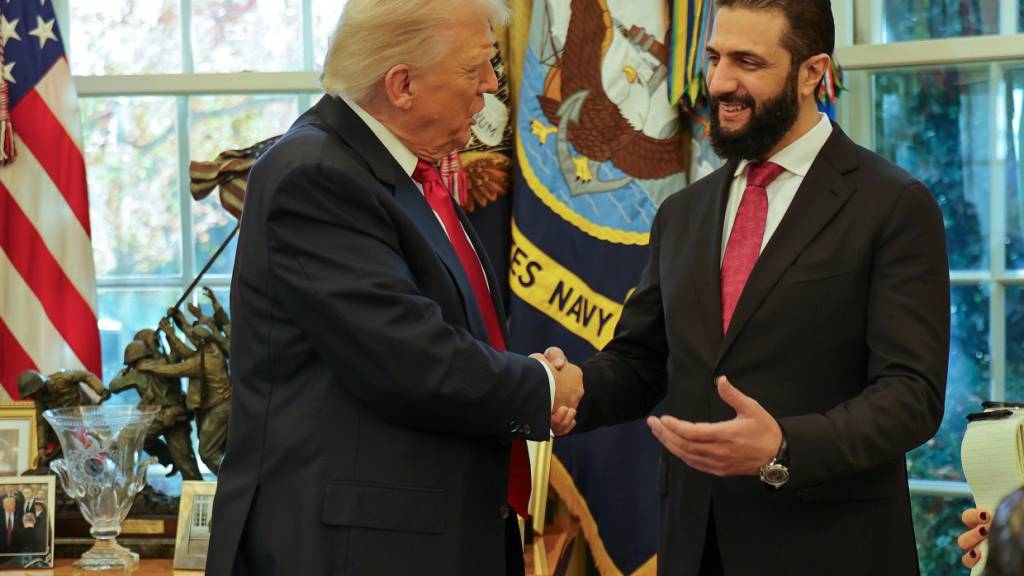 HANDOUT - Auf diesem vom Pressebüro der syrischen Präsidentschaft via AP zur Verfügung gestellten Foto schüttelt US-Präsident Donald Trump (l) Ahmed al-Scharaa, Übergangspräsident von Syrien, im Weißen Haus in Washington die Hand. Foto: HOGP/AP/dpa - ACHTUNG: Nur zur redaktionellen Verwendung und nur mit vollständiger Nennung des vorstehenden Credits