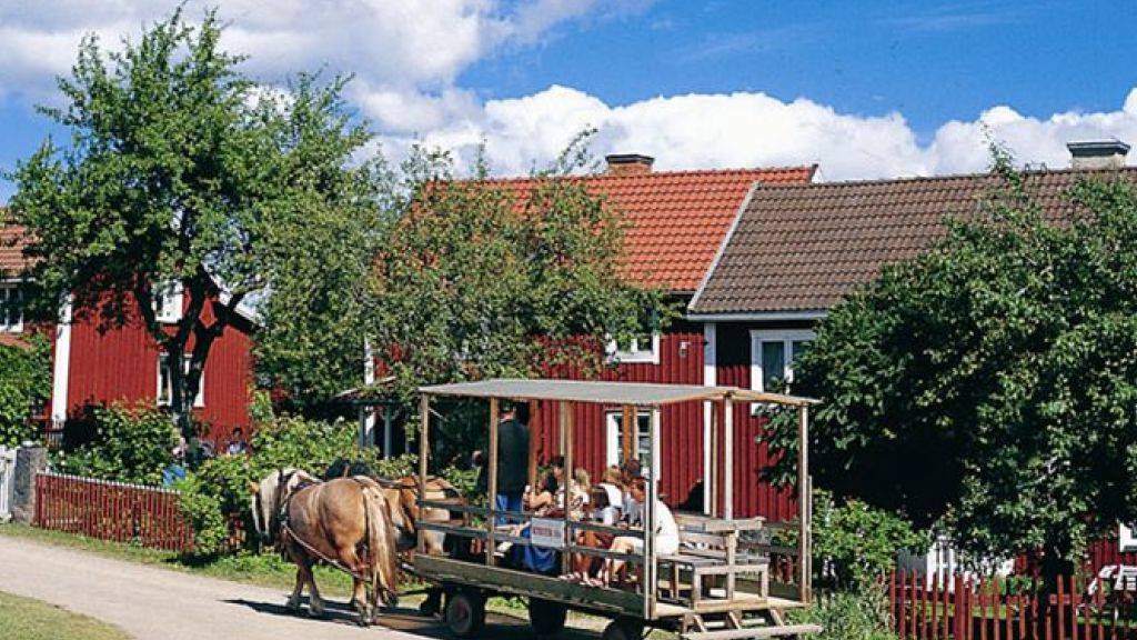 Im mittleren dieser drei Häuser in Vimmerby wuchs Astrid Lindgrens Vater auf. Das Häuschen bildete die Kulisse zu Lindgrens Kinderbuch «Wir Kinder aus Bullerbü» und von der gleichnamigen Verfilmung durch Lasse Hallström. Nun steht es für knapp 100'000 Franken zum Verkauf. (Pressebild Gde Vimmerby)