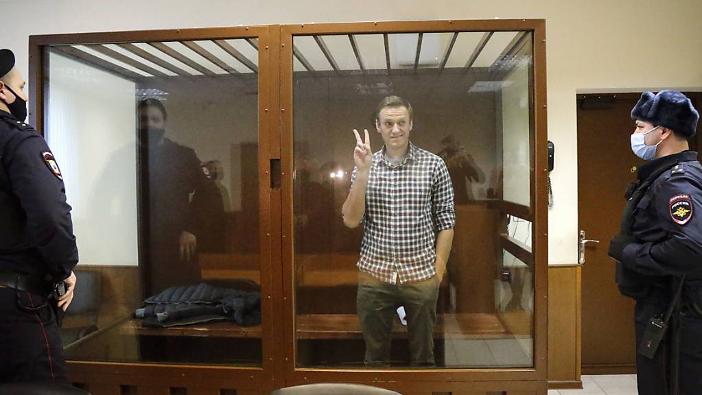 ARCHIV - Oppositionsführer Alexej Nawalny (M) steht in einem Käfig im Babuskinsky Bezirksgericht (Archivbild). Foto: Alexander Zemlianichenko/AP/dpa