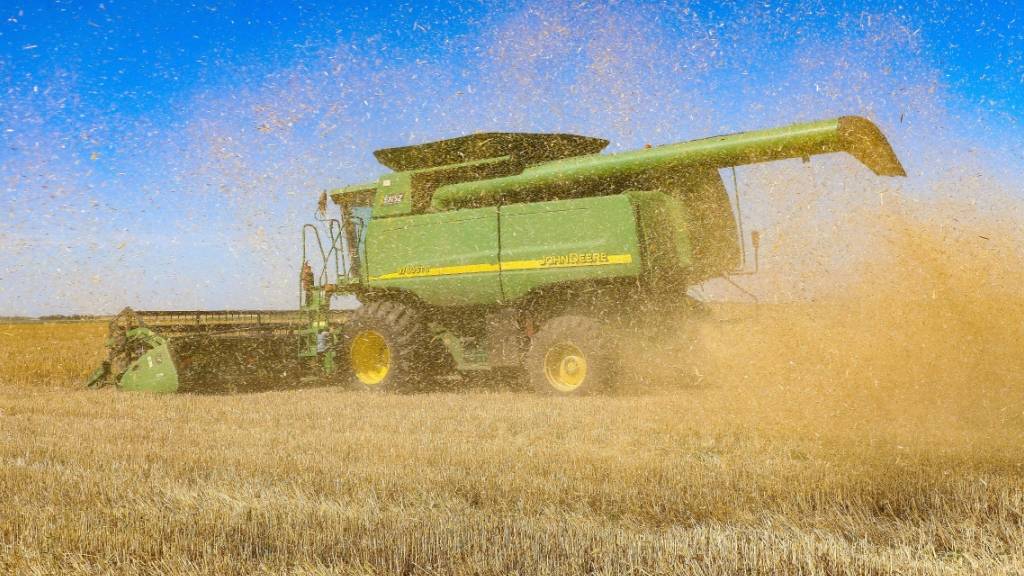 ARCHIV - Ein Mähdrescher erntet Getreide auf einem Feld in der Region Odessa. Foto: -/Ukrinform/dpa