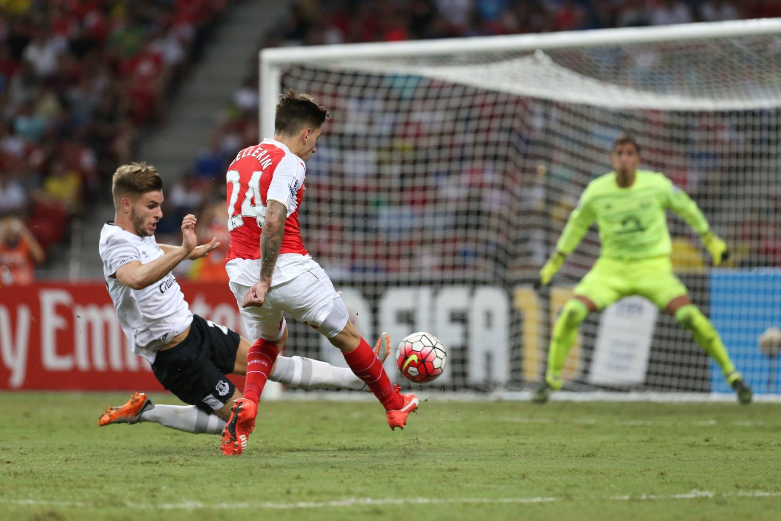 during the Barclays Asia Trophy match between Arsenal and Everton at the National Stadium on July 18, 2015 in Singapore.