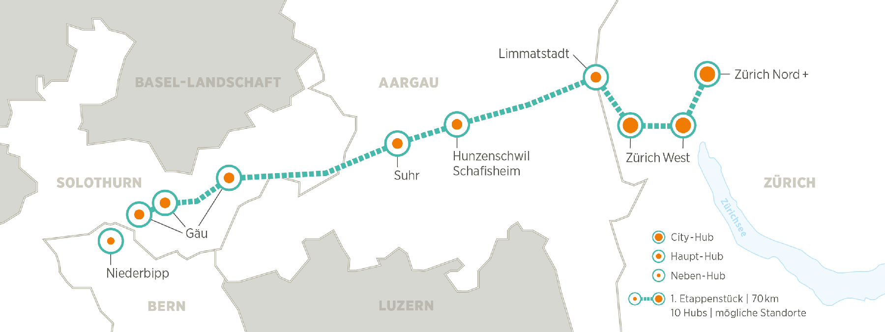Die erste geplante Teilstrecke erstreckt sich von Härkingen nach Zürich.