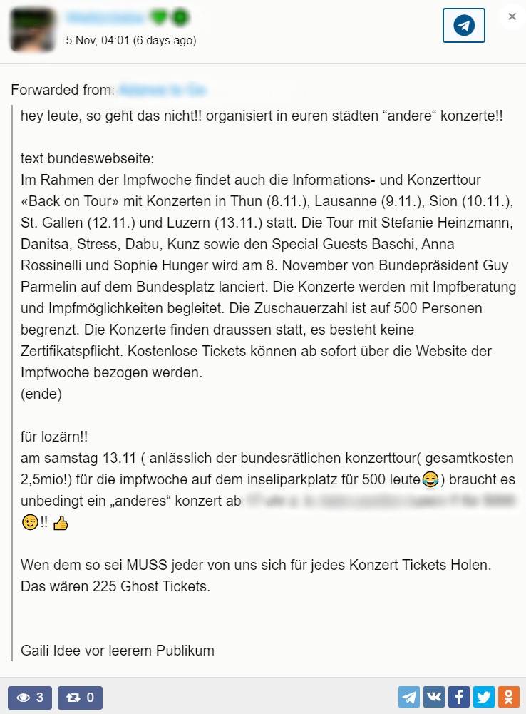 Mit diesem Post wird dazu aufgerufen, das Konzert in Luzern zu sabotieren.