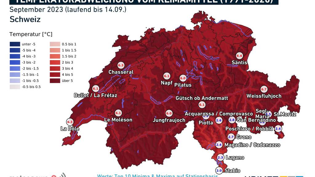 So stark weichen die Temperaturen in der Schweiz vom langjährigen Mittel ab.