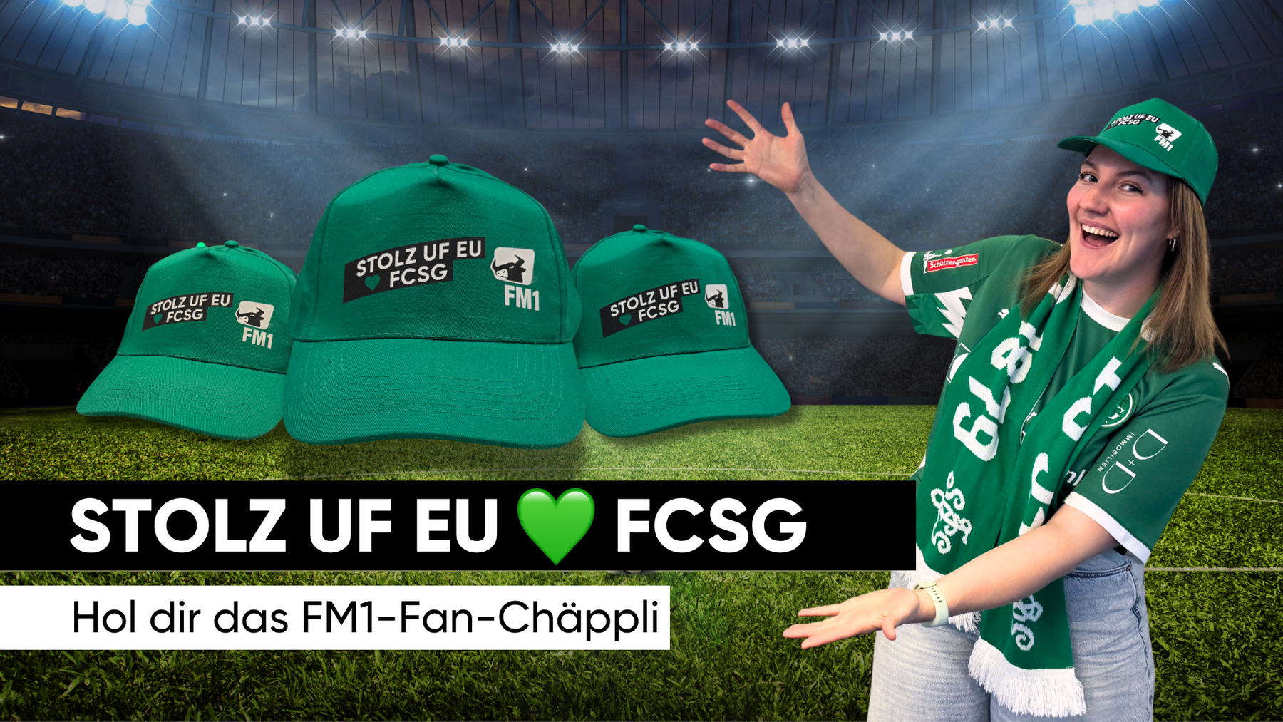 Nadja präsentiert das exklusive FM1-Fan-Chäppli für den FC St.Gallen.