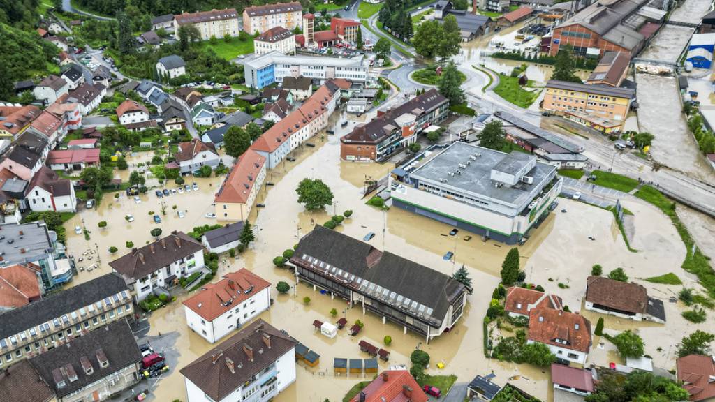 Ein überschwemmtes Gebiet in Ravne na Koroškem etwa 60 Kilometer nordöstlich von Ljubljana.