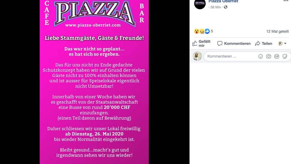 Das «Piazza» informiert seine Gäste über Facebook.