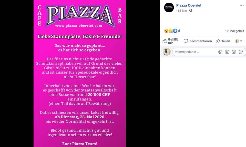 Das «Piazza» informiert seine Gäste über Facebook.