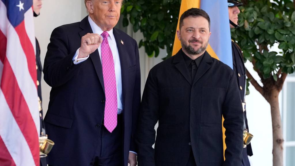 US-Präsident Donald Trump (l) gestikuliert neben dem ukrainischen Präsidenten Wolodymyr Selenskyj beim Empfang im Weißen Haus. Foto: Alex Brandon/AP/dpa