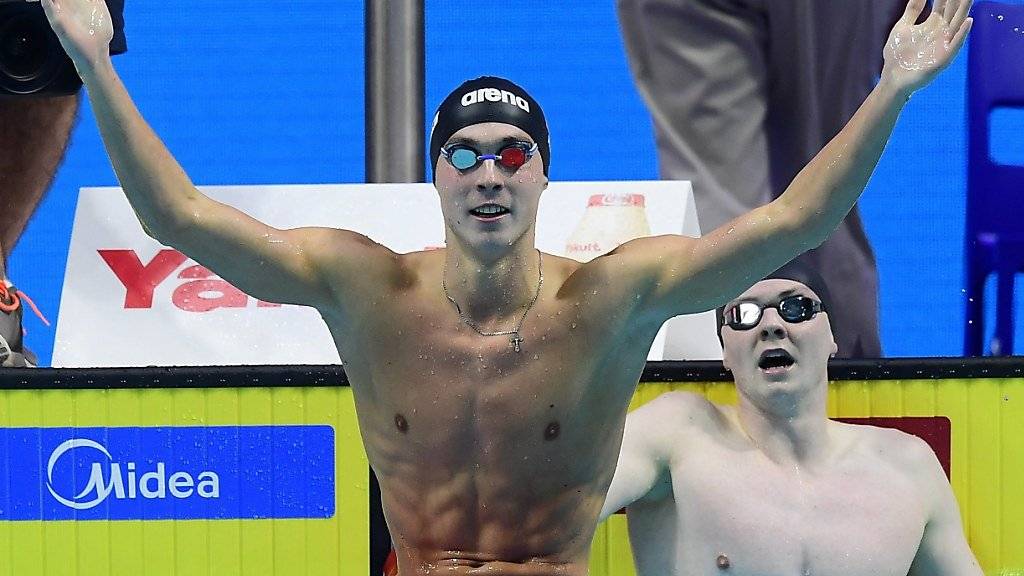 Der Jubel des 20-jährigen Russen Anton Tschupkow nach WM-Gold über 200 m Brust