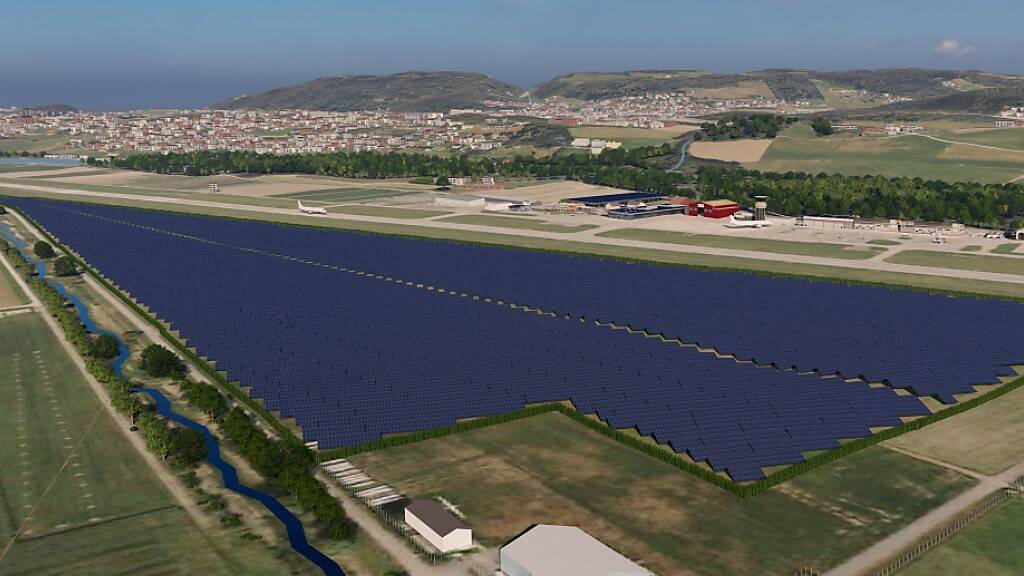 Auf dem Areal des Berner Flughafens wollen die Flughafen Bern AG, die BKW AG und neu die Energie Wasser Bern die grösste Freiflächen-Solaranlage der Schweiz erstellen. (Visualisierung)