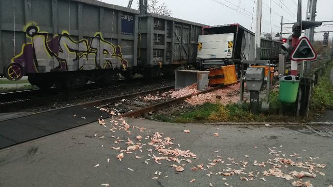 Zug kracht in Lieferwagen mit Schlachtabfällen