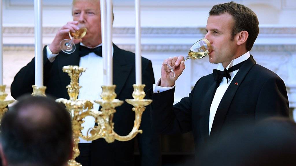 Französische Weine aus amerikanischen Kellern: US-Präsident Donald Trump empfängt zu seinem ersten Staatsbankett im Weissen Haus Frankreichs Präsident Emanuel Macron.