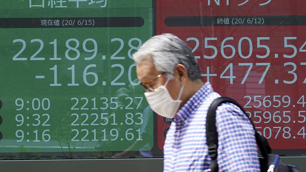 Ein Mann, der wegen der Corona-Pandemie einen Mundschutz trägt, geht an einer elektronischen Anzeigetafel vorbei, welche den japanischen Nikkei 225-Index und den New Yorker Dow-Index anzeigt. Foto: Eugene Hoshiko/AP/dpa