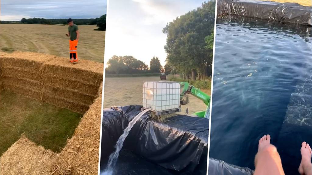 Britische Landwirte bauen Pool aus Heuballen