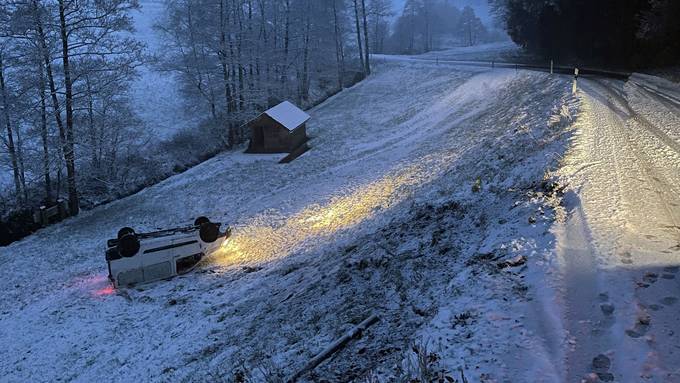 Lieferwagen kommt von schneebedeckter Strasse ab