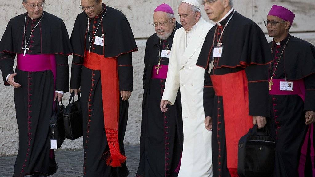 Papst Franziskus (in weiss) umringt von Bischöfen und Kardinälen auf dem Weg zur letzten Synoden-Sitzung