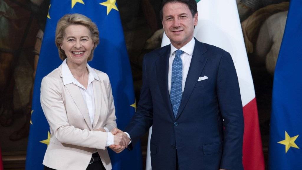 Die designierte EU-Kommissionspräsidentin Ursula von der Leyen (l.) beim Treffen mit Italiens Ministerpräsidenten Giuseppe Conte in Rom.