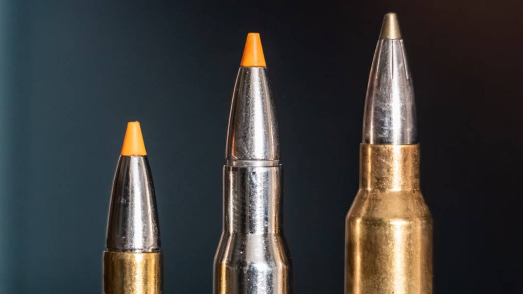 ILLUSTRATION - Jagdpatronen im Kaliber 308 Winchester (l-r), 30-06 Springfield und 300 Winchester Magnum stehen bei einem Jäger auf einem Waffenschrank. Die verschiedenen Kaliber werden in der Jagd für unterschiedliche Wildarten und Einsatzbereiche verwendet. Foto: Silas Stein/dpa