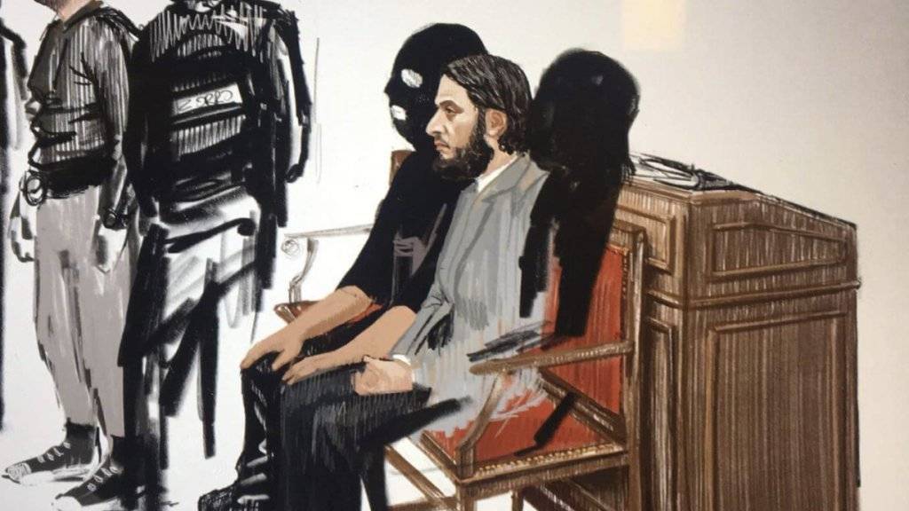 Prozessauftakt in Brüssel: Gerichtszeichnung der beiden Angeklagten Salah Abdeslam (r.) und Soufiane Ayari.