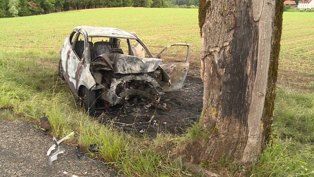 Auto prallt in Baum und brennt vollständig aus