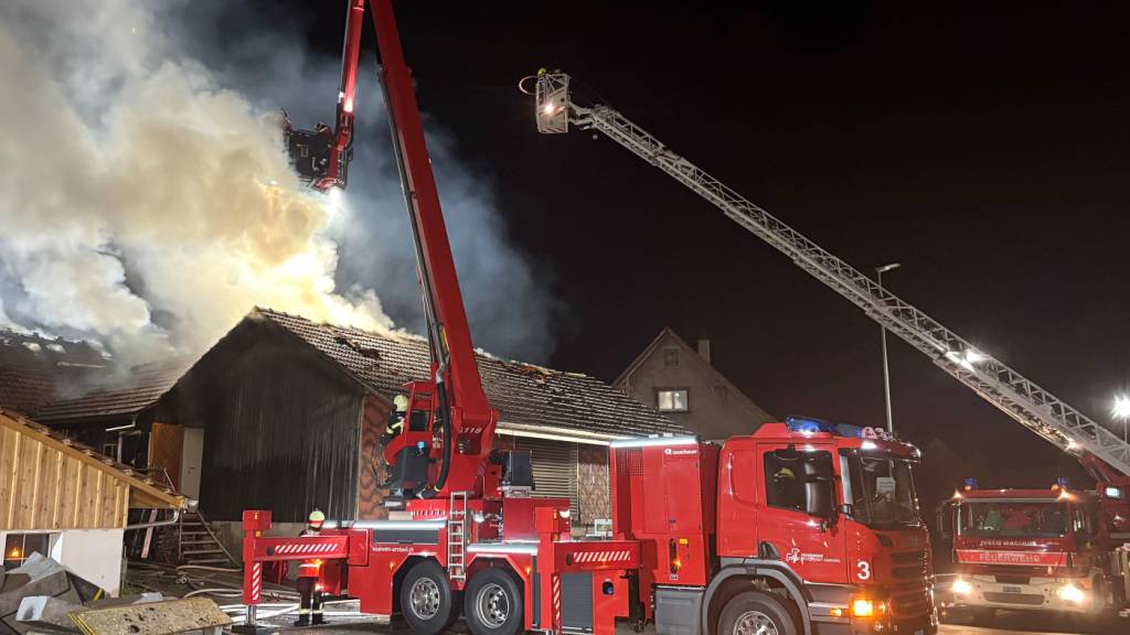 Angehörige dreier Feuerwehren standen in der Nacht auf Dienstag bei den Löscharbeiten in Riedt bei Erlen im Einsatz, nachdem ein Gewerbegebäude in Brand geraten war.