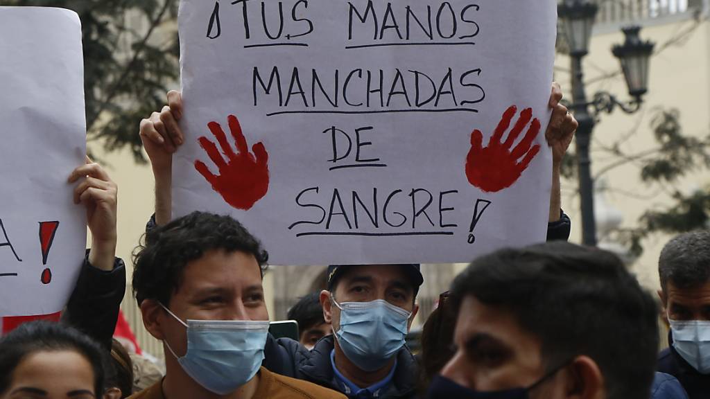 Demonstranten fordern den Rücktritt des peruanischen Außenministers Héctor Béjar. Foto: Gian Masko/dpa
