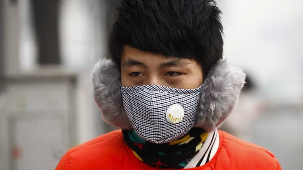 Ein Mann schützt sich mit einer Spezialmaske gegen die Auswirkungen des Smogs in Peking. Die besonders gefährlichen Feinstaubwerte erreichen dort zur Zeit 598 Mikrogramm pro Kubikmeter. Der Grenzwert der Weltgesundheitsorganisation liegt bei 25 Mikrogramm.