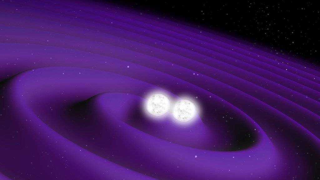 Die zwei Neutronensterne rotierten erst immer dichter umeinander, bevor sie in einem «Feuerball» verschmolzen. (Illustration)