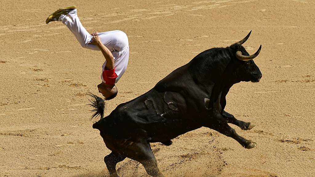 dpatopbilder - Die Rennen mit wilden Stieren durch die spanische Stadt Pamplona sind berühmt - aber auch gefährlich. Foto: Alvaro Barrientos/AP/dpa