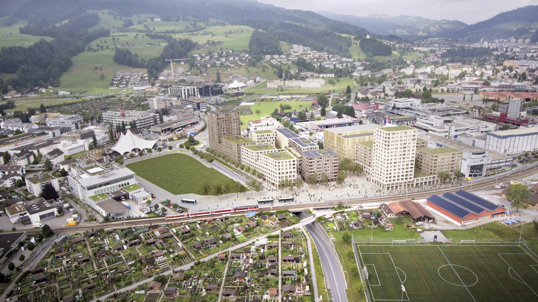 Mattenhof in Kriens: Die «Pilatus-Arena» ist auf dem unbebauten Grundstück links geplant.