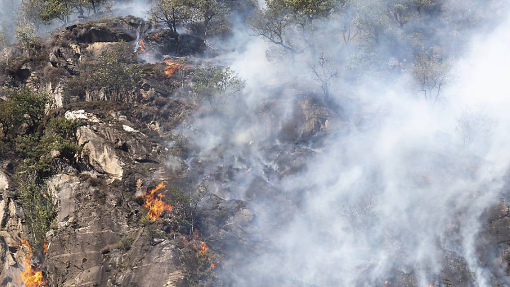 Aufgrund des starken Windes im Süden breitet sich das Feuer bei Torricella schnell aus. Im Bild: Waldbrand bei Biasca im Jahr 2018 (Archivaufnahme).