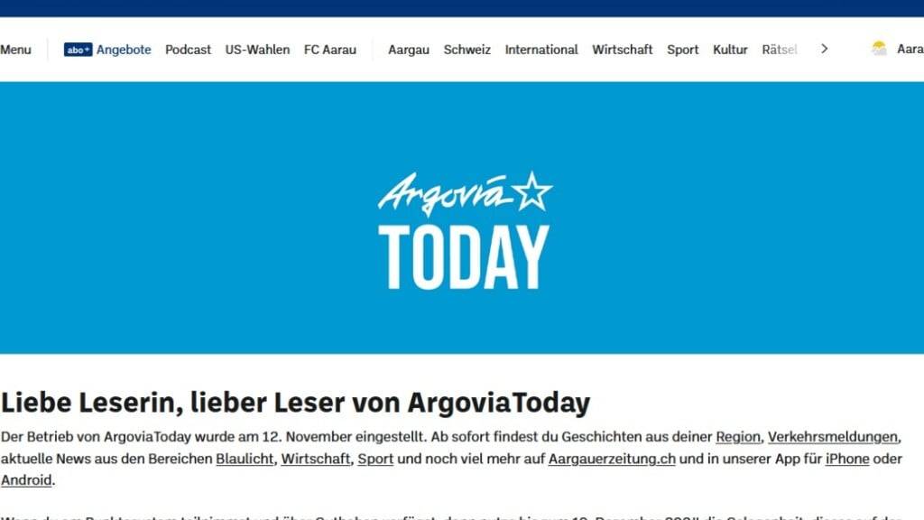 Alle sechs Today-Portale des Medienunternehmens CH Media sind per sofort eingestellt - unter anderem auch Argoviatoday.