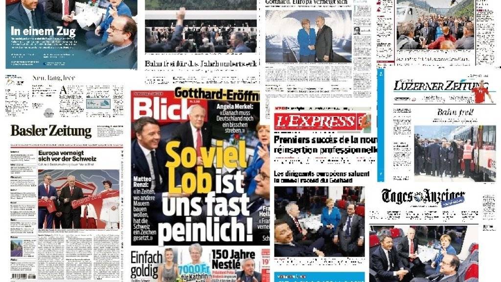 Titelseiten von Schweizer Tageszeitungen nach der Eröffnung des Gotthard-Basistunnels.
