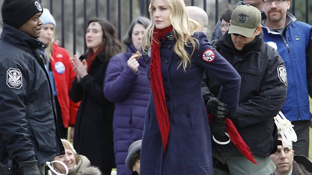Schauspielerin Daryl Hannah nimmt in Kauf, für ihr umweltpolitisches Engagement festgenommen zu werden - hier bei einem Umweltprotest 2013 in Washington.