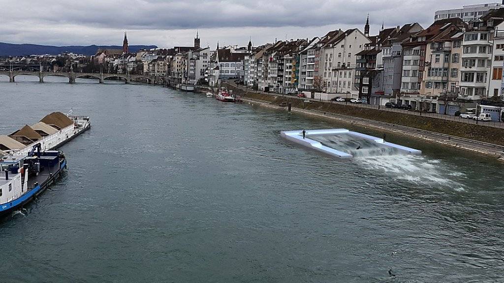 Surfen im Basler Rhein: Wer von der künstlichen Welle abgeworfen wird, verlässt die geplante Anlage schwimmend im Fluss, wie diese Visualisierung der Promotoren zeigt.