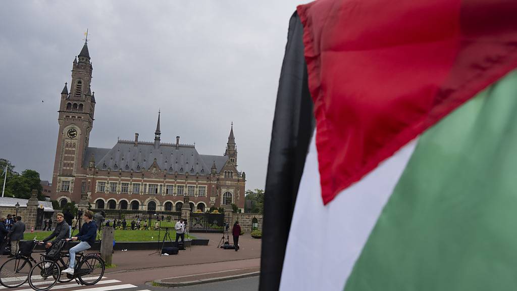 dpatopbilder - Ein Demonstrant schwenkt die palästinensische Fahne vor dem Friedenspalast, in dem der Internationale Gerichtshof untergebracht ist. Foto: Peter Dejong/AP/dpa