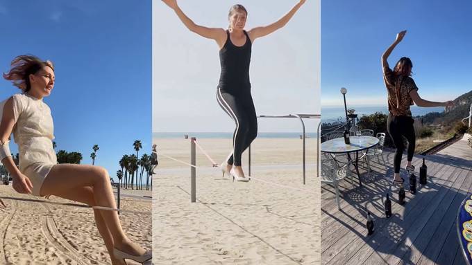 In High-Heels: Frau stellt Slackline-Weltrekord auf