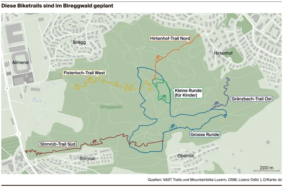 Das sind die geplanten Trails im Bireggwald.