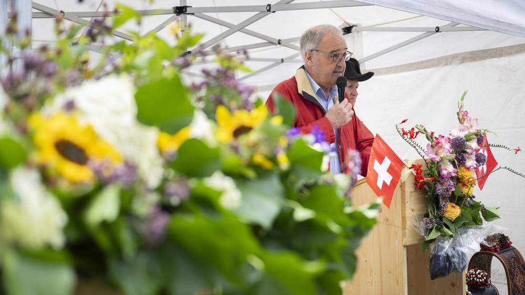 Bundesrat Guy Parmelin hält Rede bei seinem Besuch zum 1. August-Brunch auf der Alp Seeweid, am Dienstag, 1. August 2023 in Schwarzsee. 