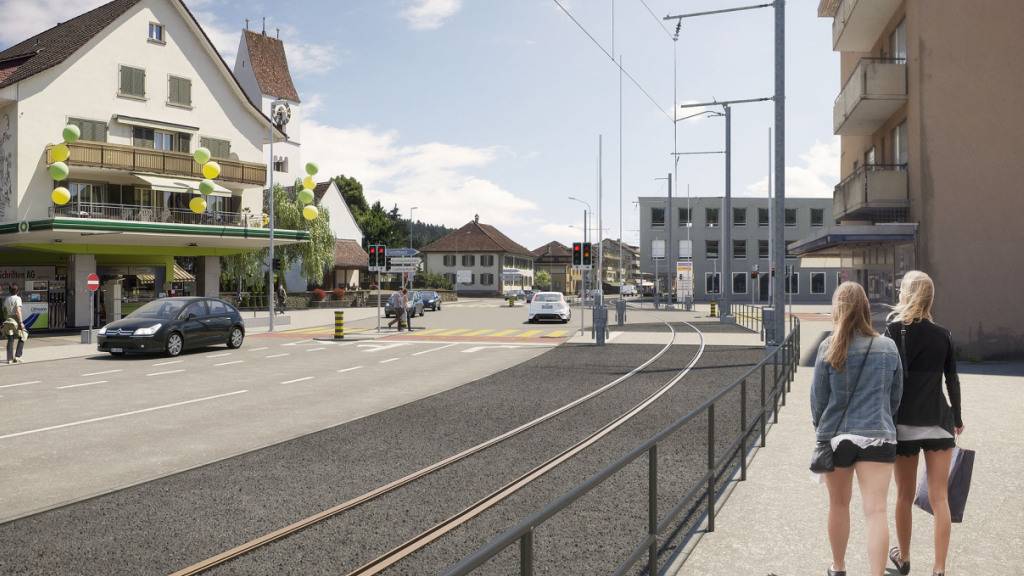 Bei der Sanierung des Böhlerknotens in Unterkulm AG soll das Trassee der Wynen- und Suhrentalbahn (WSB) besser vom Strassenraum abgegrenzt werden. (Visualisierung)