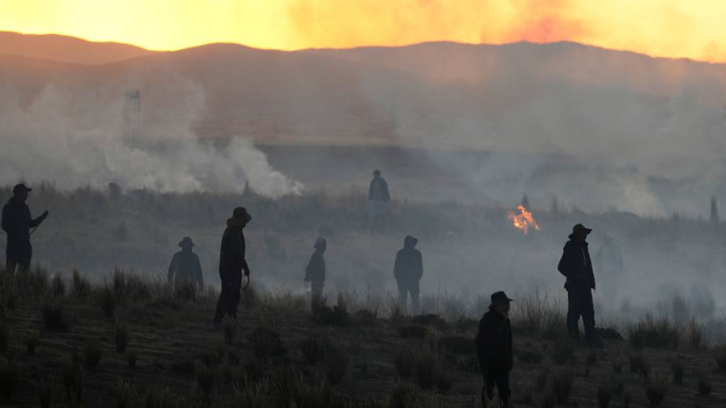 dpatopbilder - In der Nähe von El Alto in Bolivien stehen regierungskritische Demonstranten auf einem Feld inmitten von Tränengaswolken der Polizei. Foto: Juan Karita/AP/dpa