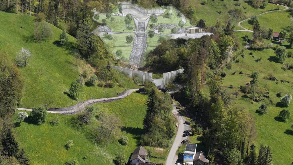 Der Kanton Luzern will den am Altdorfbach in Vitznau bestehenden Geschiebesammler (Bildmitte) ausbauen und einen neuen (oben) erstellen. (Visualisierung)